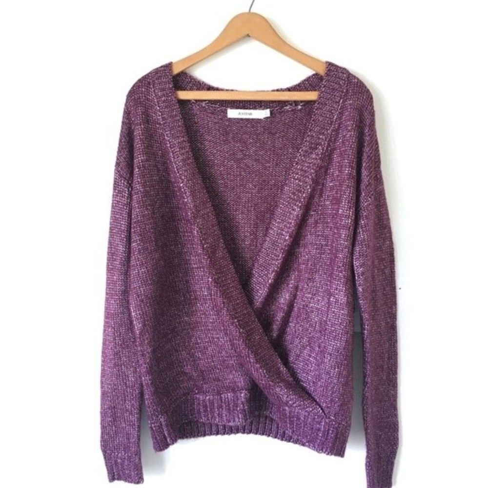JustFab Purple Open Front Metallic Knit Wrap Crossover Sweater Size Small NWT